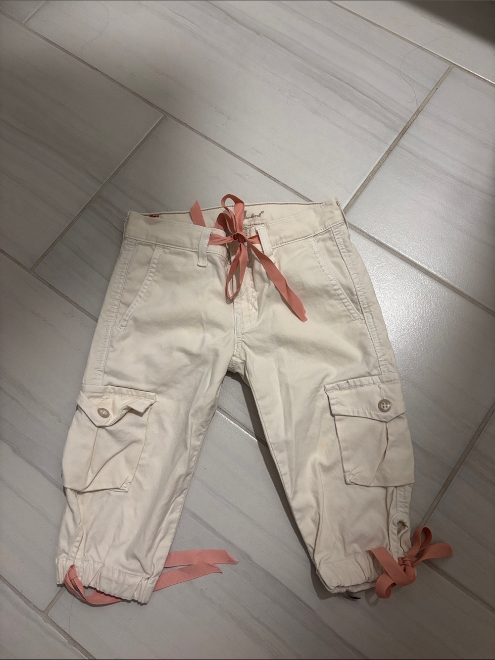 7 For All Mankind Cream Cargo Capri Shorts with Pink Ribbon Ties - Kids